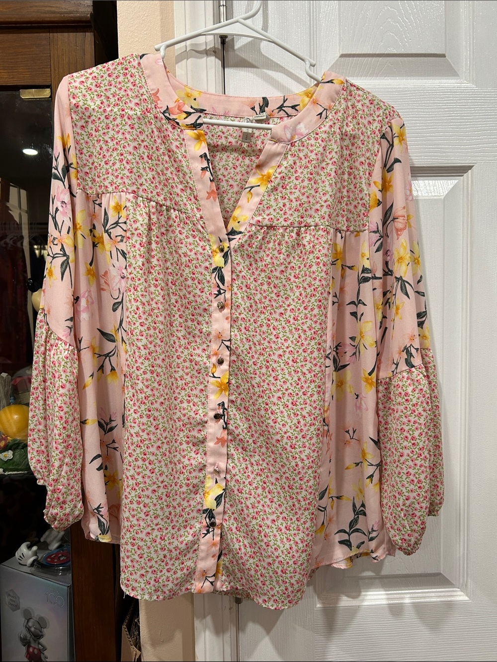 Pink Floral Mixed-Print Women's Button Front Blouse